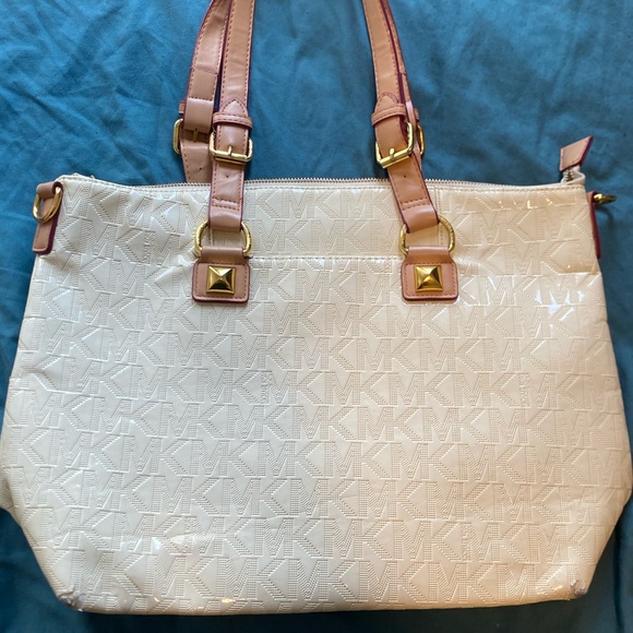 Michael Kors Handbags - Michael Kors White Patent Tote with Brown Gold Handles